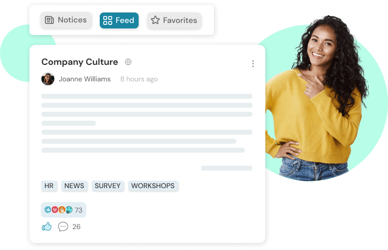 A woman smiling and pointing to an example of a Lorino post, which shows the main elements: topic, content, comments, and reactions. Above that is the main navigation within the app: Notices, Feed, and Favorites.